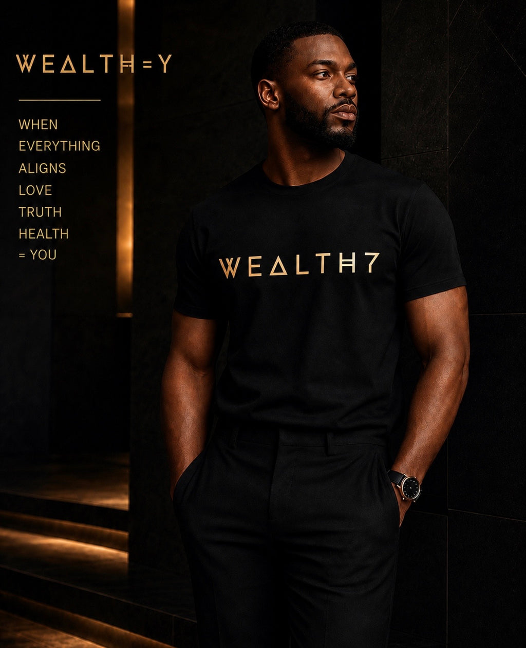 WEALTH=Y Gold Signature Tee - Men's front view with gold logo