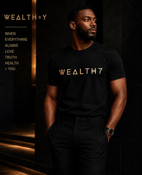 WEALTH=Y Gold Signature Tee - Men's front view with gold logo