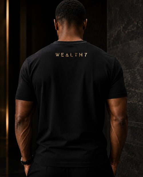 WEALTH=Y Gold Signature Tee - Men's back view with gold logo