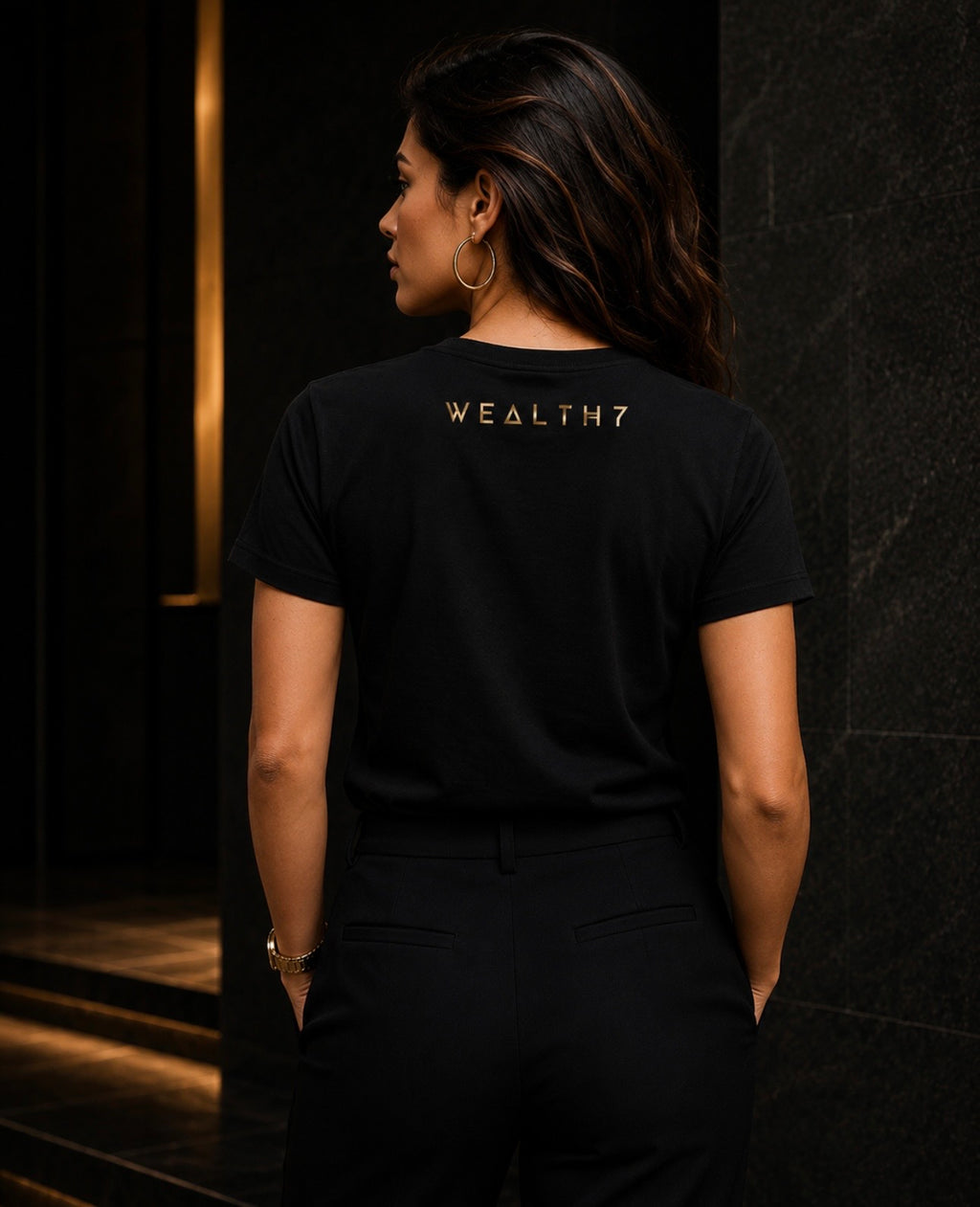 WEALTH=Y Gold Signature Tee - Women's back view with gold logo