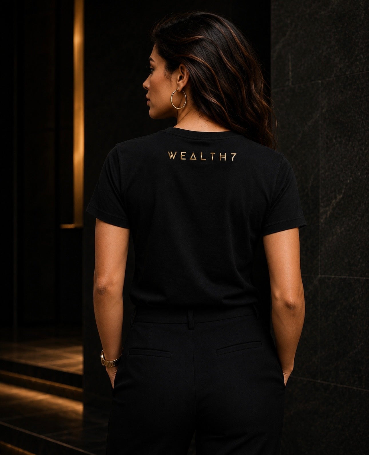 WEALTH=Y Gold Signature Tee - Women's back view with gold logo